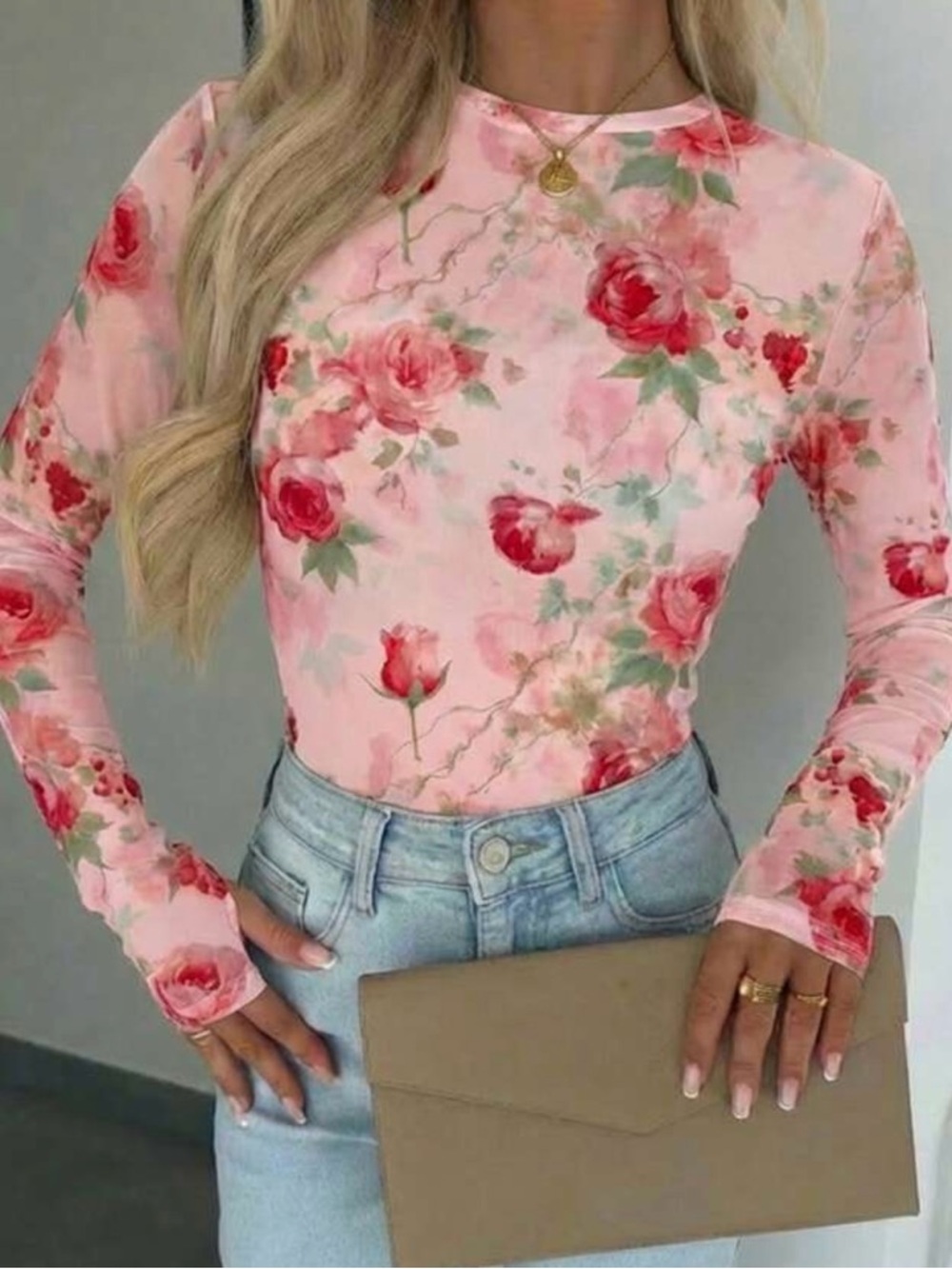 Floral Long-Sleeve Mesh Top - Pink Rose Print